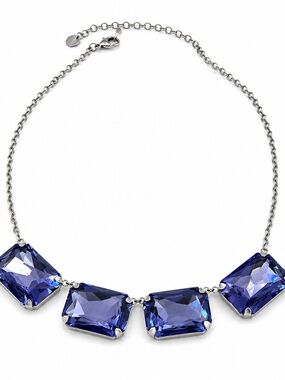 Women's Silver Chain Necklace with Blue Crystal Rectangles